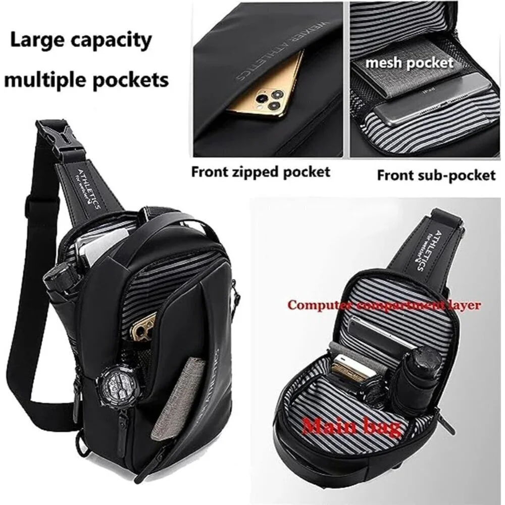 💫 Men Black Crossbody Bag Sling Waterproof USB Charging Port Headphone Backpack